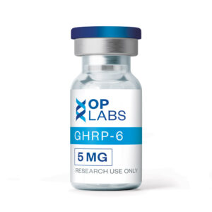 OP Labs GHRP-6 5mg hexapeptide research compound lyophilized powder in glass vial
