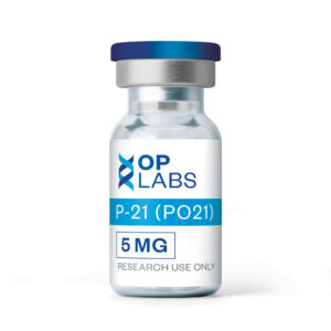 OP Labs P-21 10mg research peptide lyophilized powder in glass vial