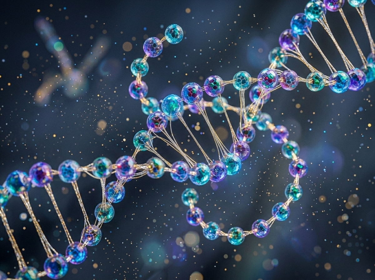 Abstract molecular chain of amino acid beads connected by luminous bonds in deep blue space