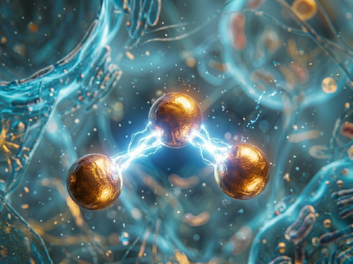Abstract copper-coloured tripeptide molecule floating in blue plasma