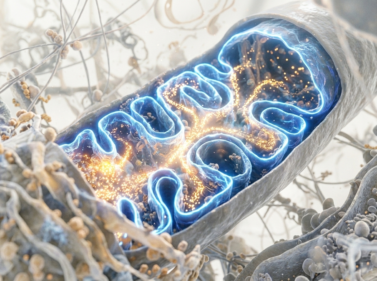 Abstract visualisation of mitochondria interior with glowing blue membranes and golden energy particles
