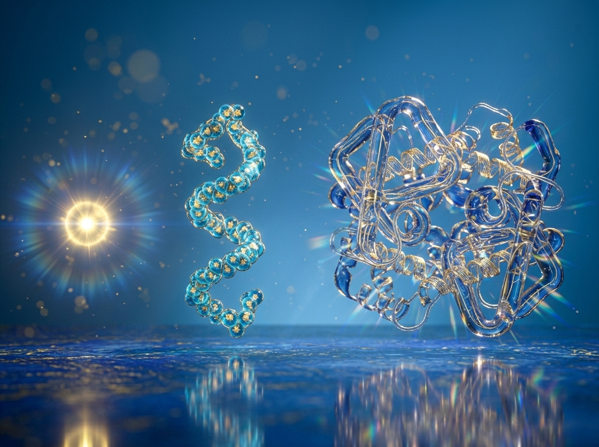 Three translucent molecular structures at different scales side by side