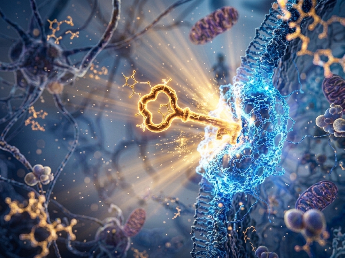 Abstract molecular key fitting into a glowing cell receptor