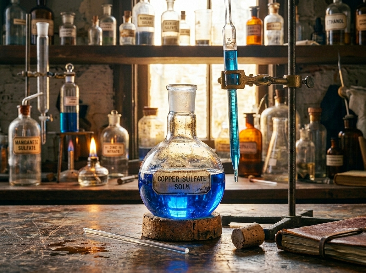 Vintage laboratory flask with blue liquid and warm golden light