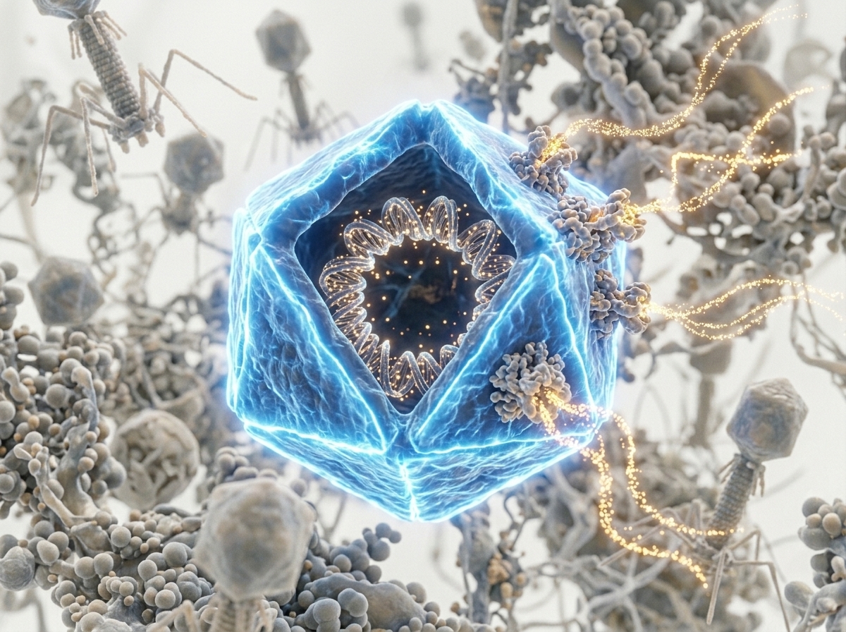 3D render of a bacteriophage capsid with blue glowing edges and gold nanoparticles, representing peptide discovery methods