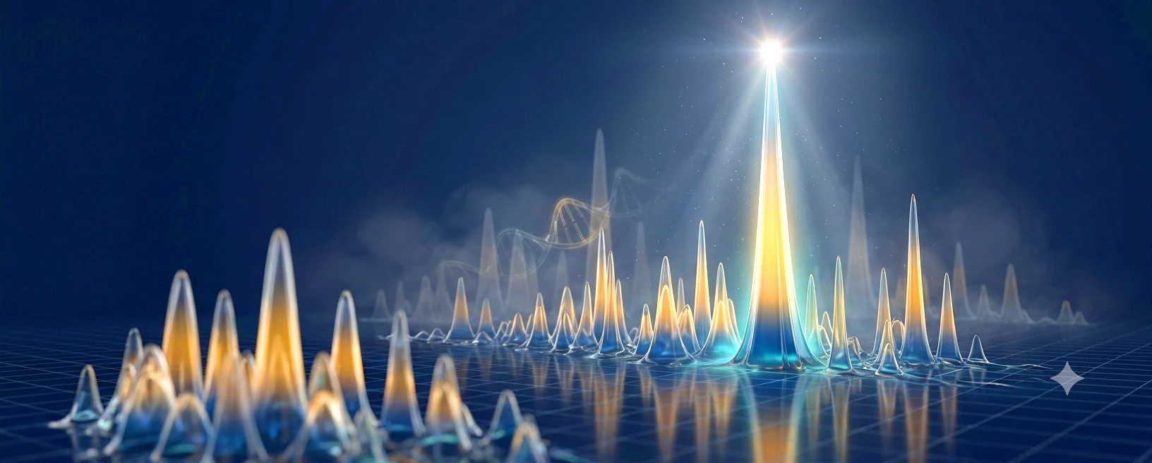 Illustrative mass-spectrometry readout with glowing peaks along an m/z axis